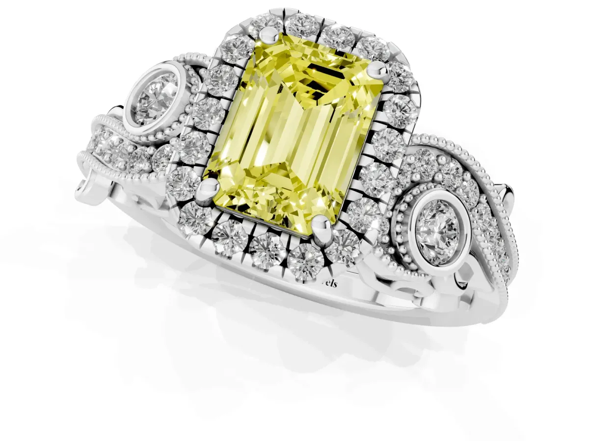 Fancy Yellow Emerald Cut Diamond Halo Ring with Milgrain Pavé Band and Four-Prong Setting White gold