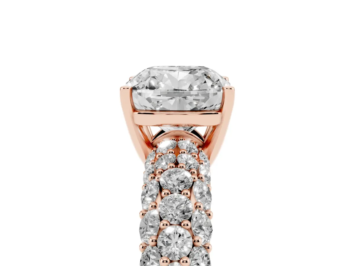 Cushion Cut Diamond Pavé Band Solitaire Ring with Four-Prong Setting Rose gold
