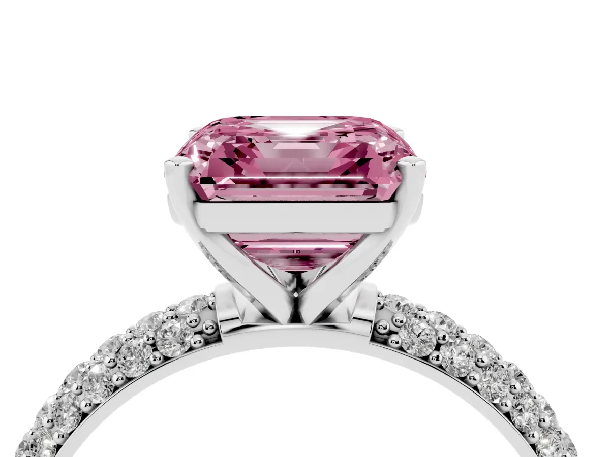 Fancy Pink Asscher Cut Diamond Solitaire Ring with Prong Setting and Pavé Band Silver