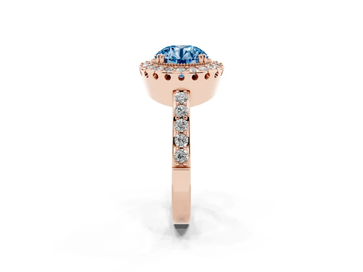 Fancy Blue Round Cut Diamond Halo Ring with Pavé Band and Prong Setting Rose gold