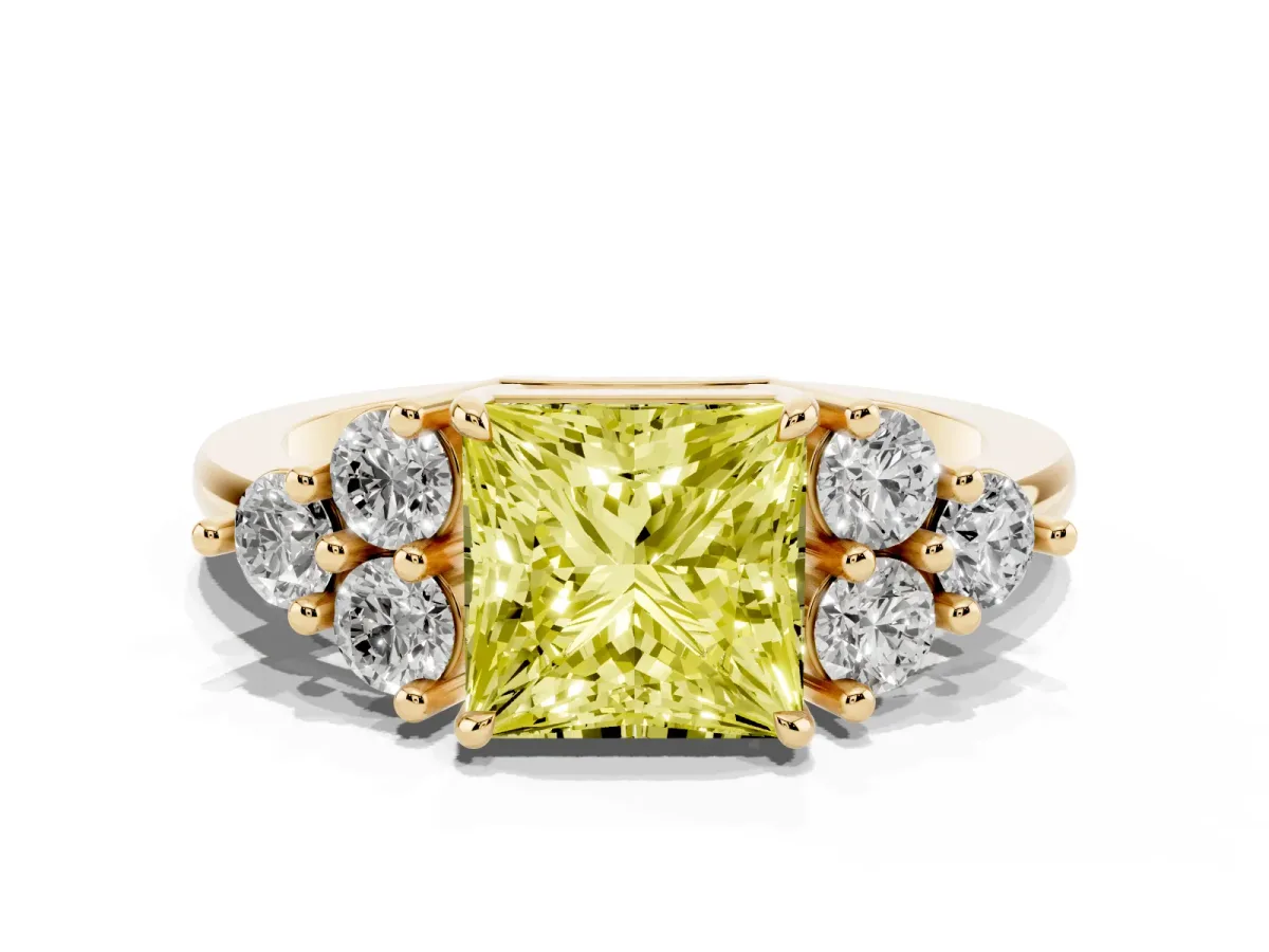Fancy Yellow Princess Cut Brilliant Diamond Cluster Accent Solitaire Ring with Prong Setting Yellow gold