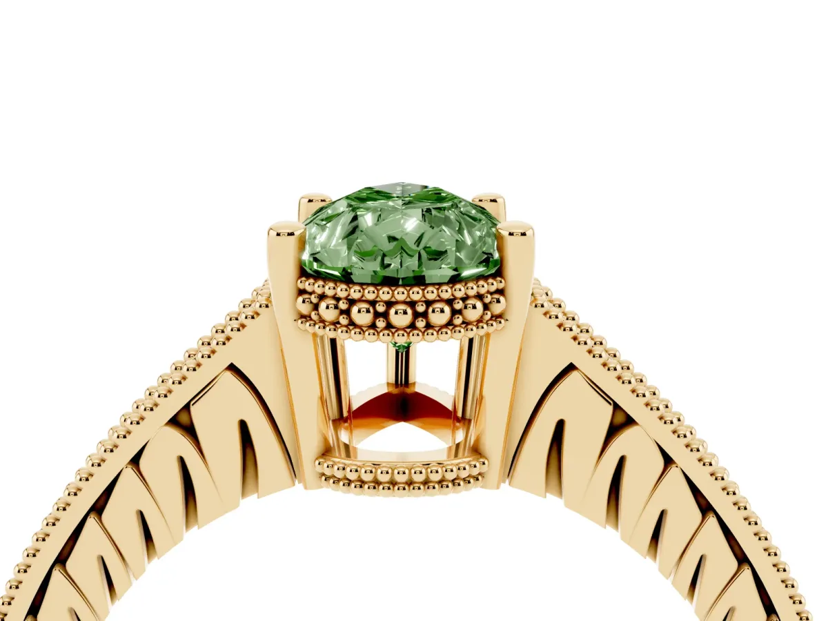 Fancy Green Pear Cut Solitaire Pavé Diamond Milgrain Engagement Ring with Four-Prong Setting Yellow gold