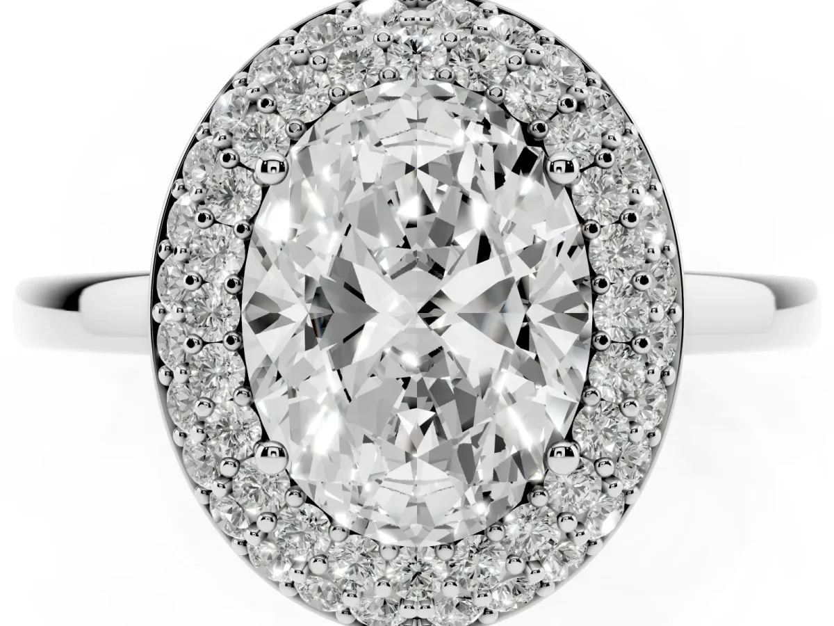Oval Cut Halo Diamond Engagement Ring with Solitaire Band and Four-Prong Setting Silver