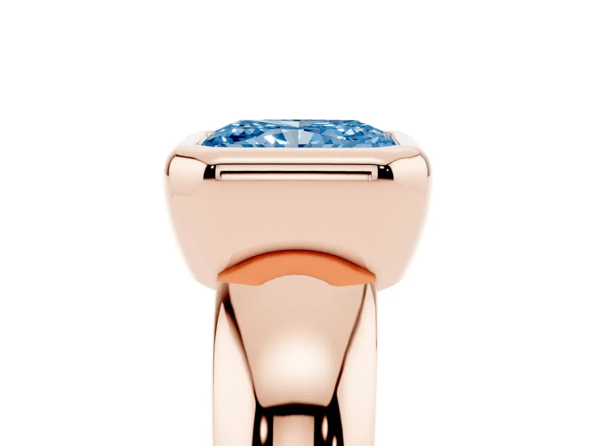 Fancy Blue Bezel Set Radiant Cut Solitaire Ring with Wide Band Rose gold