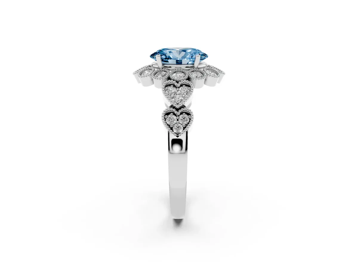 Fancy Blue Oval Cut Brilliant Milgrain Pave Heart Band Solitaire Ring Platinum