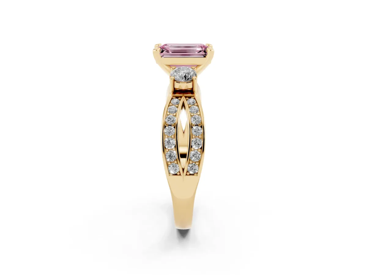 Fancy Pink Three-Stone Emerald Cut Cut Diamond Twist Band with Prong Setting Yellow gold