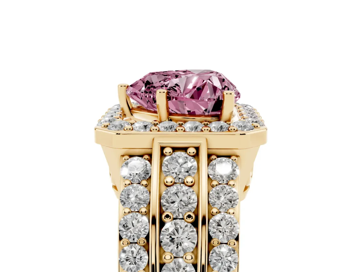 Fancy Pink Heart Cut Halo Diamond Ring with Round Split Shank and Prong Setting Yellow gold
