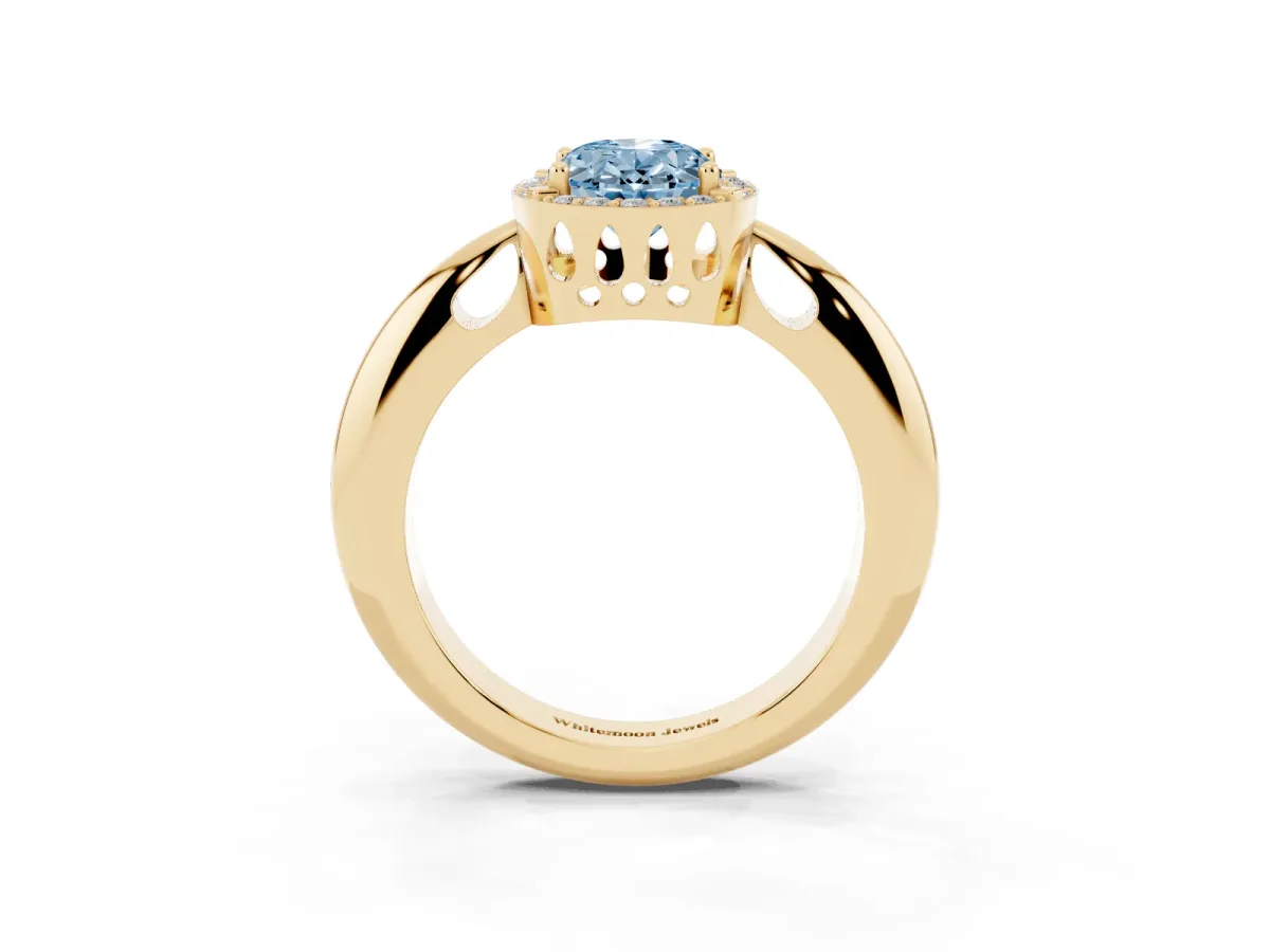 Fancy Blue Oval Cut Cut Diamond Halo Engagement Ring with Split Shank and Four-Prong Setting Yellow gold