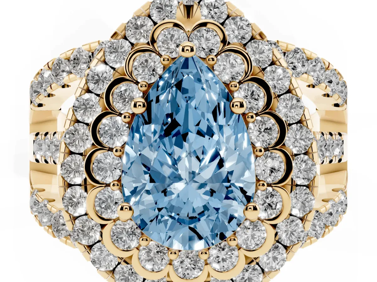 Fancy Blue Pear Cut Diamond Double Halo Ring with Round Pavé Split Shank and Prong Setting Yellow gold