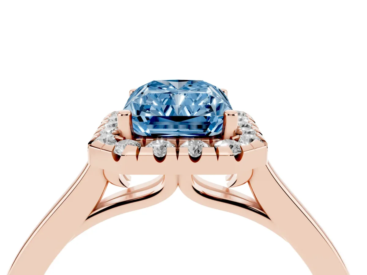 Fancy Blue Radiant Cut Halo Round Diamond Solitaire Ring with Pavé Band and Four-Prong Setting Rose gold