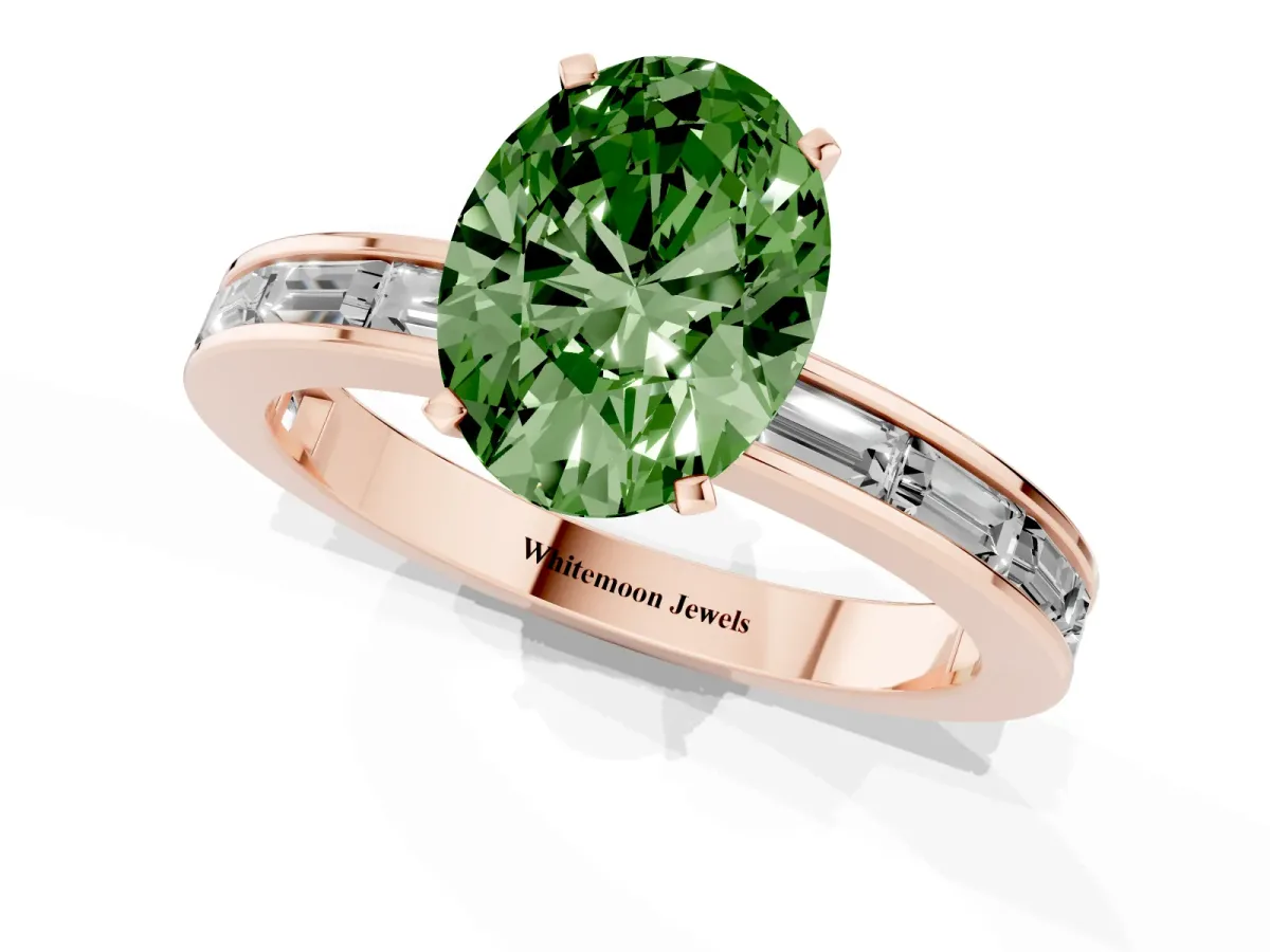 Fancy Green Oval Cut Solitaire Diamond Ring with Channel-Set Baguette Band and Four-Prong Setting Rose gold