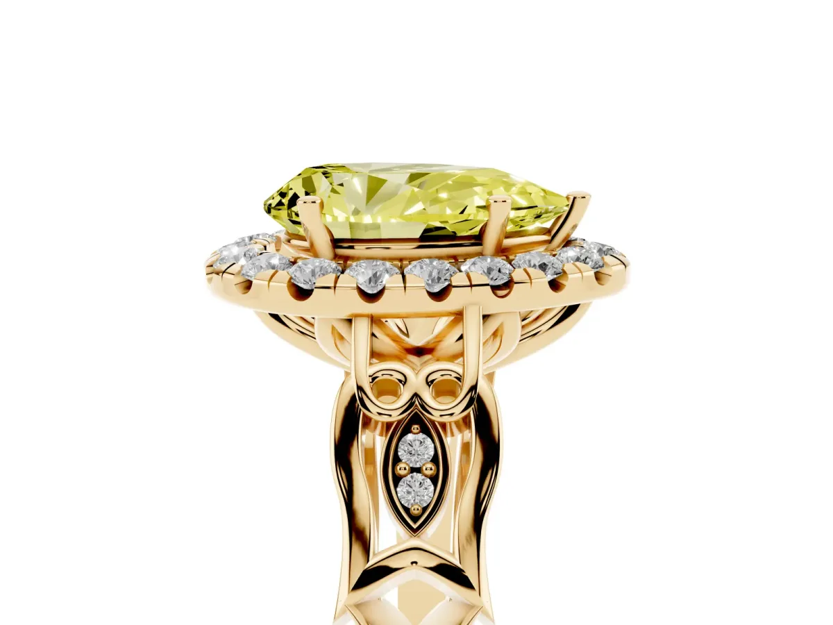 Fancy Yellow Pear Cut Halo Diamond Engagement Ring with Filigree Band and Four-Prong Setting Yellow gold