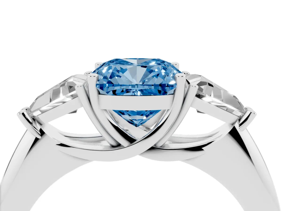 Fancy Blue Three-Stone Cushion Cut Diamond Engagement Ring with Trillion Side Stones and Prong Setting Silver