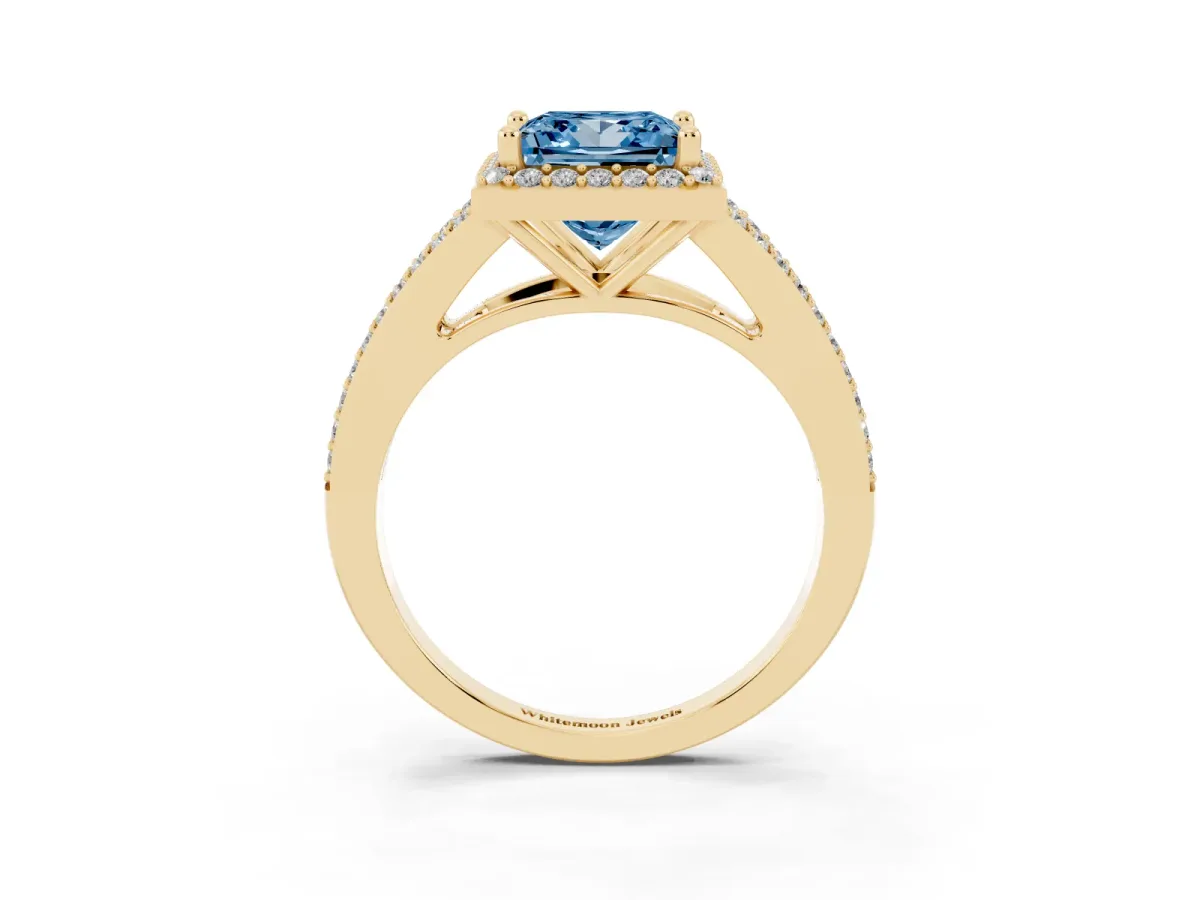 Fancy Blue Princess Cut Halo Split Shank Diamond Ring with Prong Setting Yellow gold