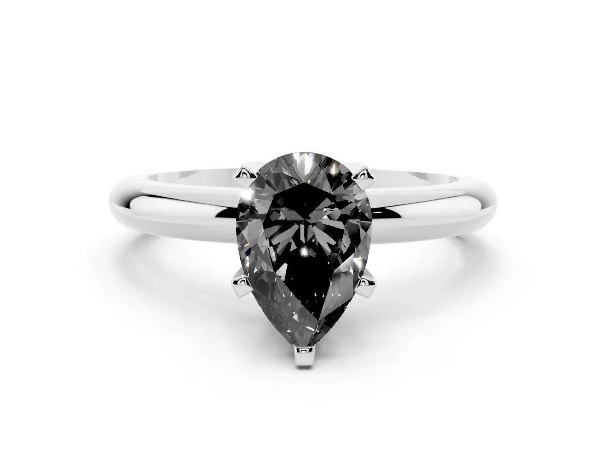 Fancy Black Pear Cut Diamond Solitaire Engagement Ring with Round Band and Four-Prong Setting Platinum