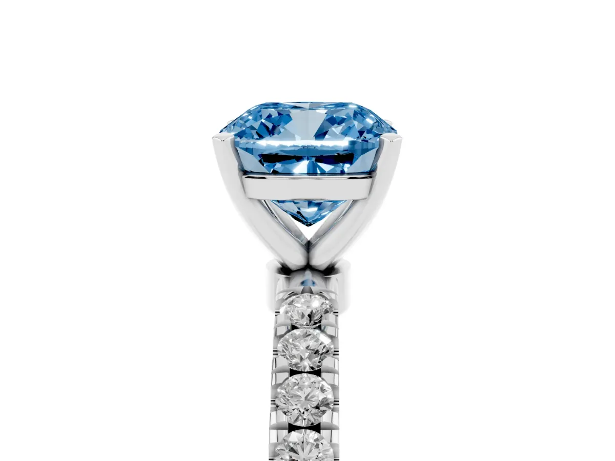 Fancy Blue Cushion Cut Diamond Solitaire Ring with Pavé Accents and Four-Prong Setting Silver
