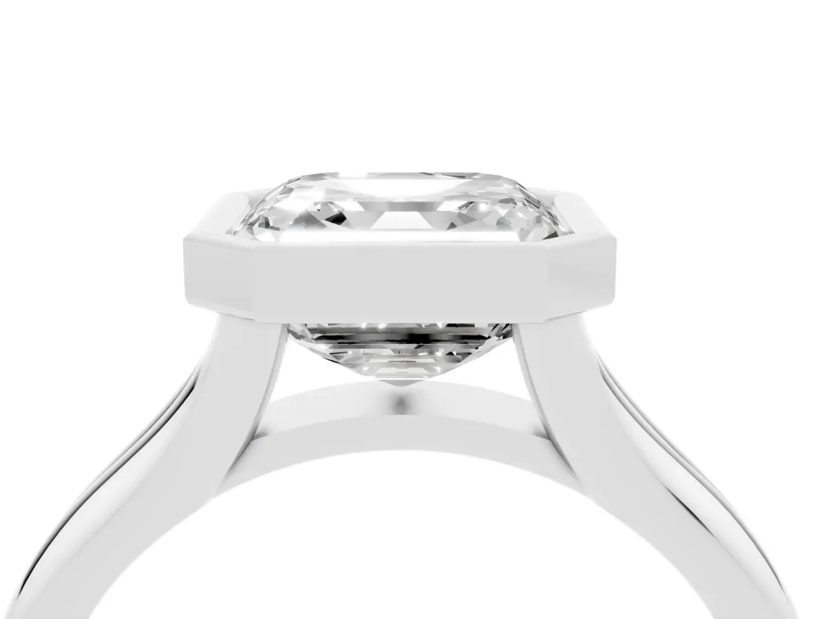 Bezel Set Asscher Cut Solitaire Diamond Ring with Smooth Band White gold