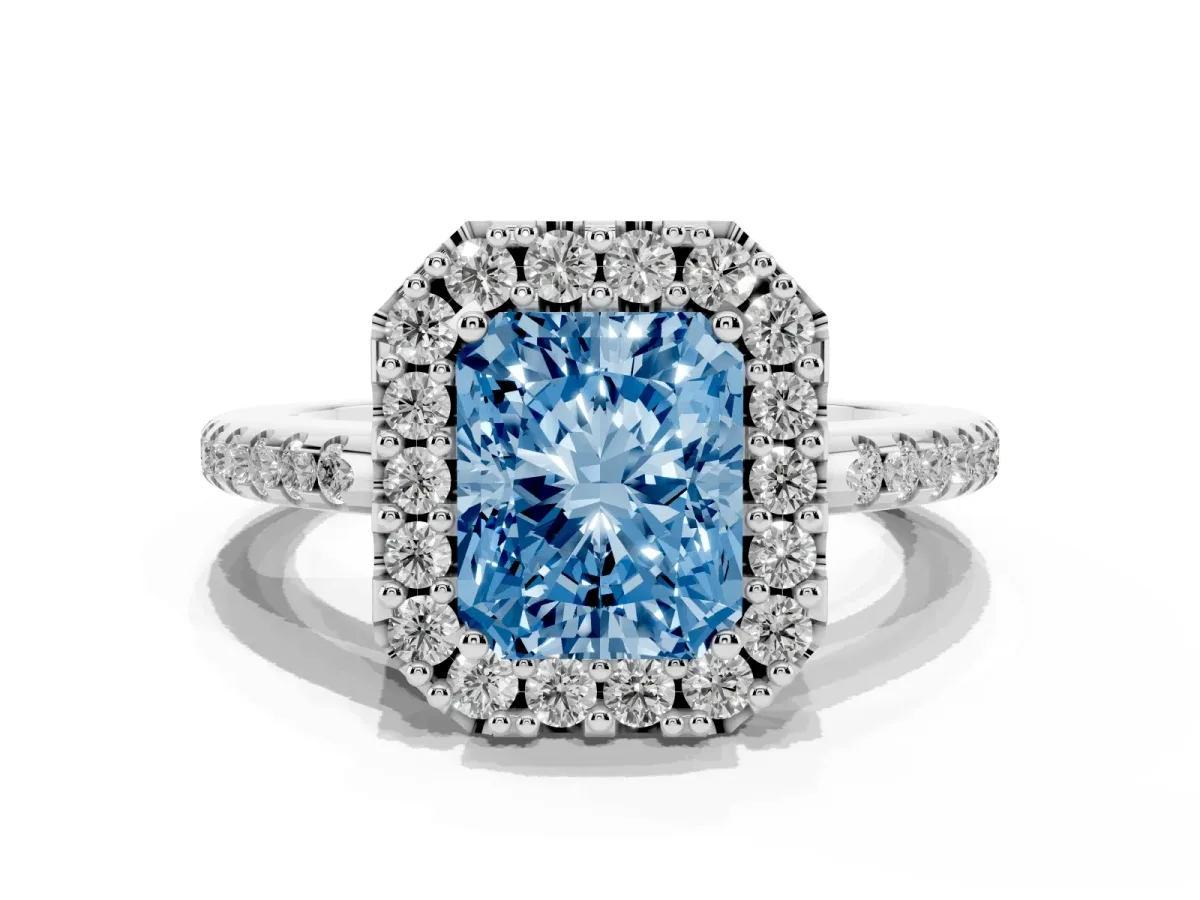 Fancy Blue Radiant Cut Diamond Pavé Halo Ring with Four-Prong Setting Silver