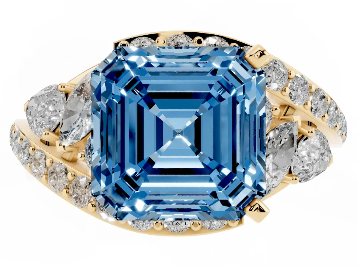 Fancy Blue Asscher Cut Diamond Halo Ring with Marquise and Pavé Band in Prong Setting Yellow gold