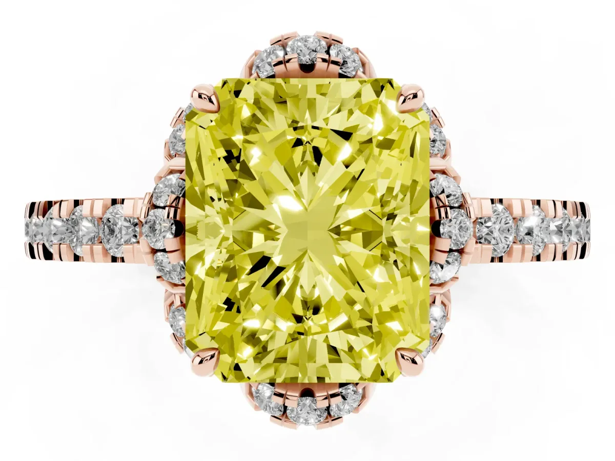 Fancy Yellow Radiant Cut Diamond Halo Pave Band with Four-Prong Setting Rose gold