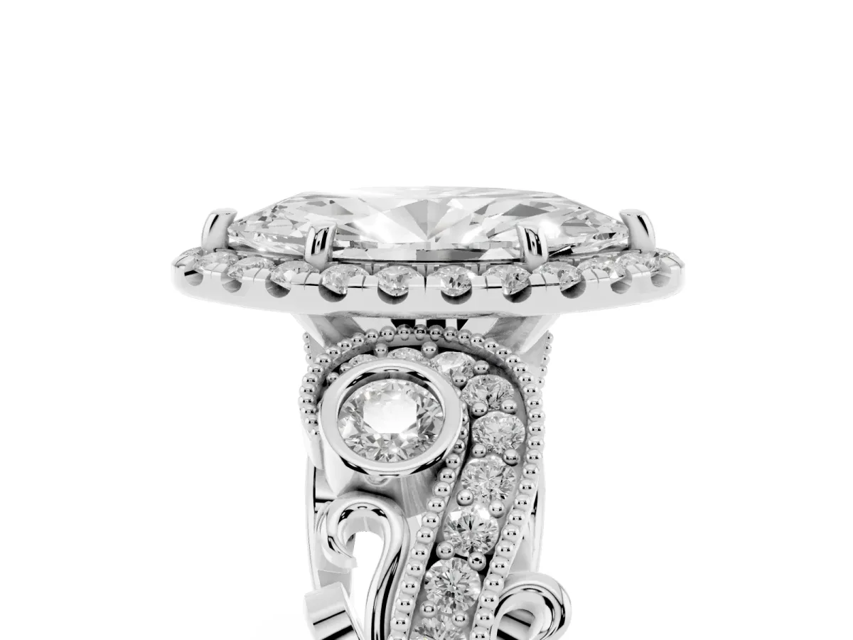 Marquise Cut Halo Diamond Ring with Milgrain and Bezel Accents on a Split Shank Band White gold