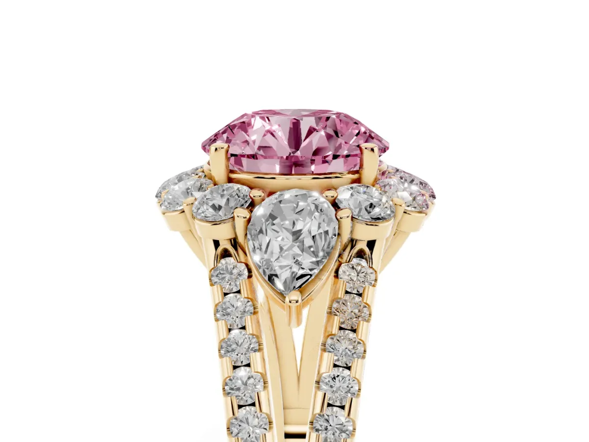 Fancy Pink Round Cut Halo Split Shank Diamond Engagement Ring with Prong Setting Yellow gold