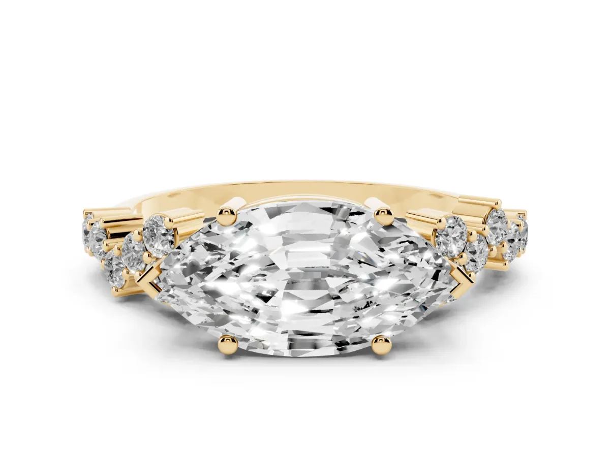 Marquise Cut Diamond Scattered Round Accent Ring with Prong Setting Yellow gold