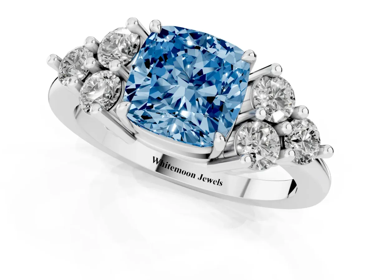 Fancy Blue Cushion Cut Brilliant Diamond Cluster Accent Solitaire Ring with Prong Setting Platinum
