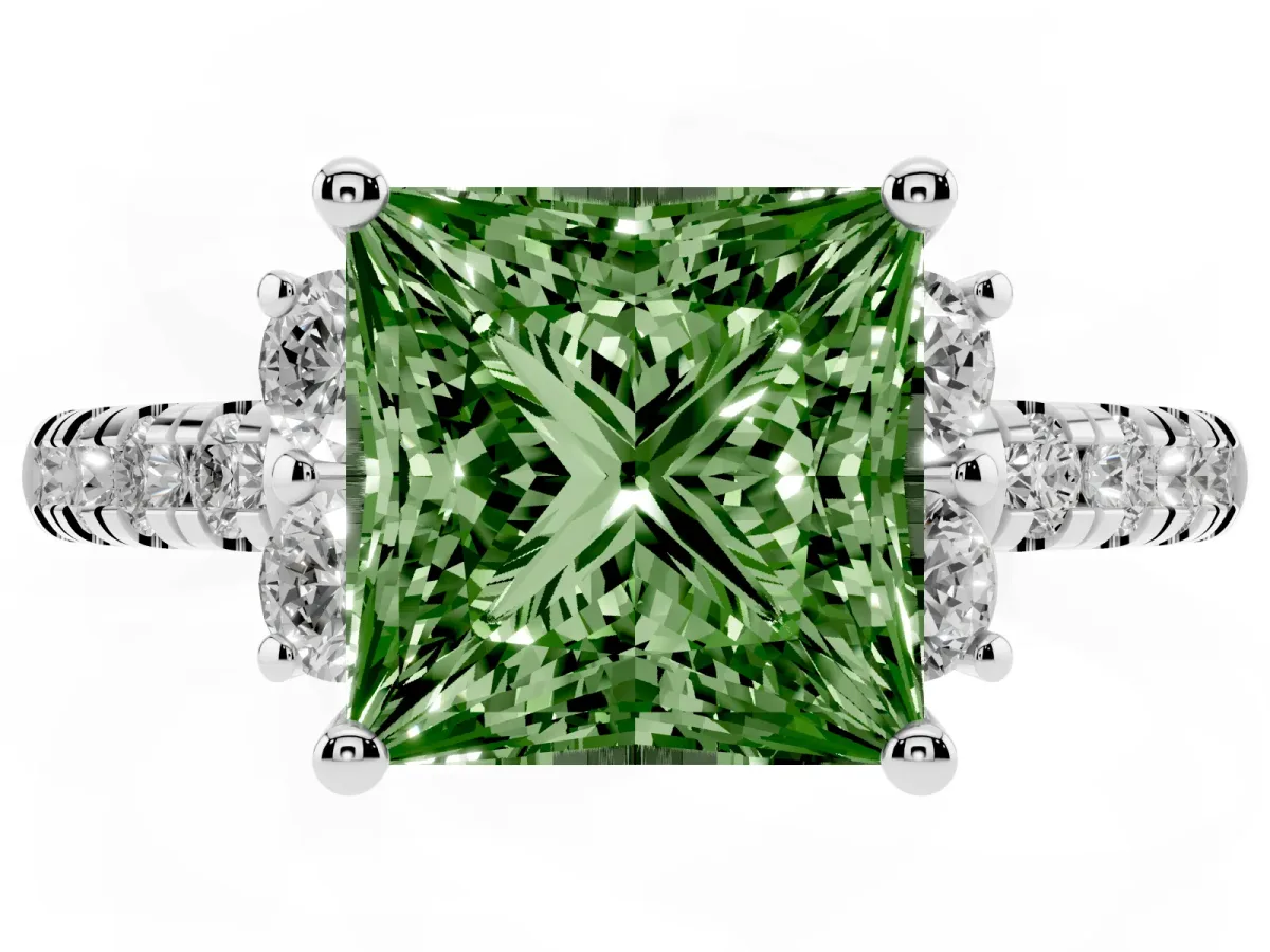Fancy Green Princess Cut Diamond Three-Stone Pave Band with Four-Prong Setting Silver