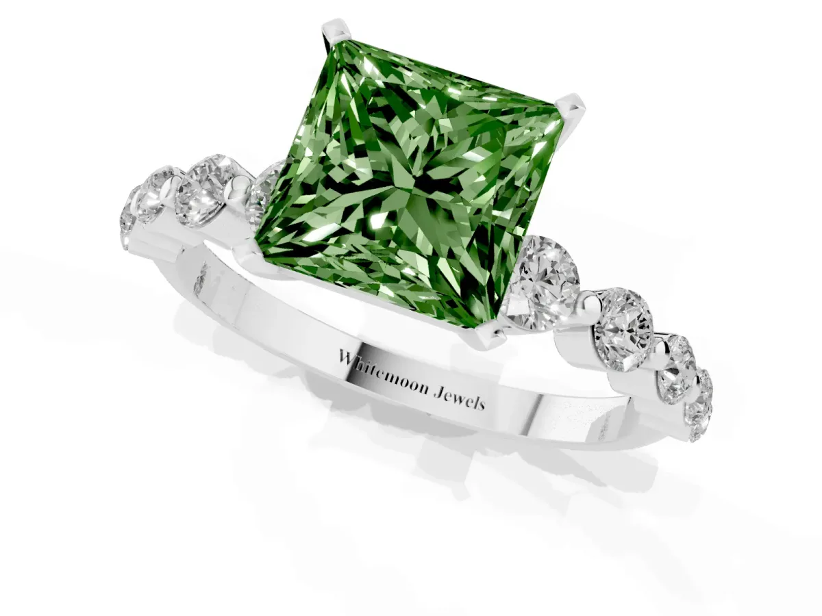 Fancy Green Princess Cut Solitaire Diamond Ring with Pave Band and Four-Prong Setting Silver