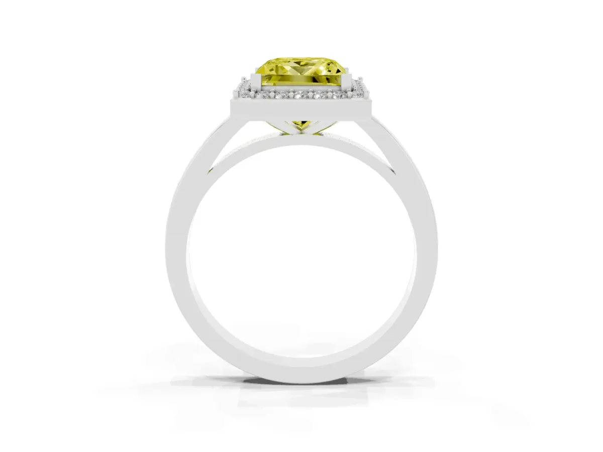 Fancy Yellow Princess Cut Halo Diamond Ring with Solitaire Band and Prong Setting Silver