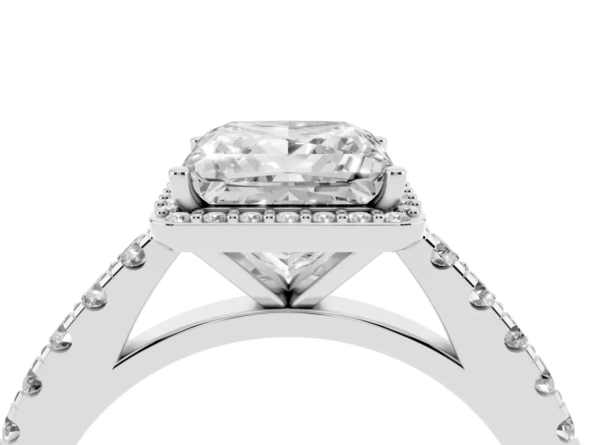 Princess Cut Cut Halo Diamond Engagement Ring with Pave Band and Four-Prong Setting Platinum