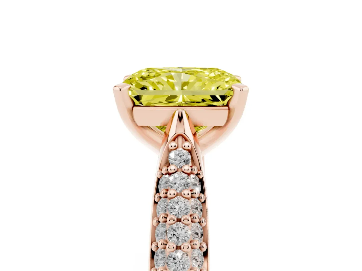 Fancy Yellow Radiant Cut Diamond Solitaire Engagement Ring with Multi-Row Round Pavé Band and Prong Setting Rose gold