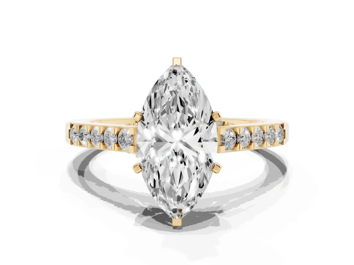 Marquise Cut Diamond Solitaire Ring with Crossover Gallery and Round Pavé Band Yellow gold