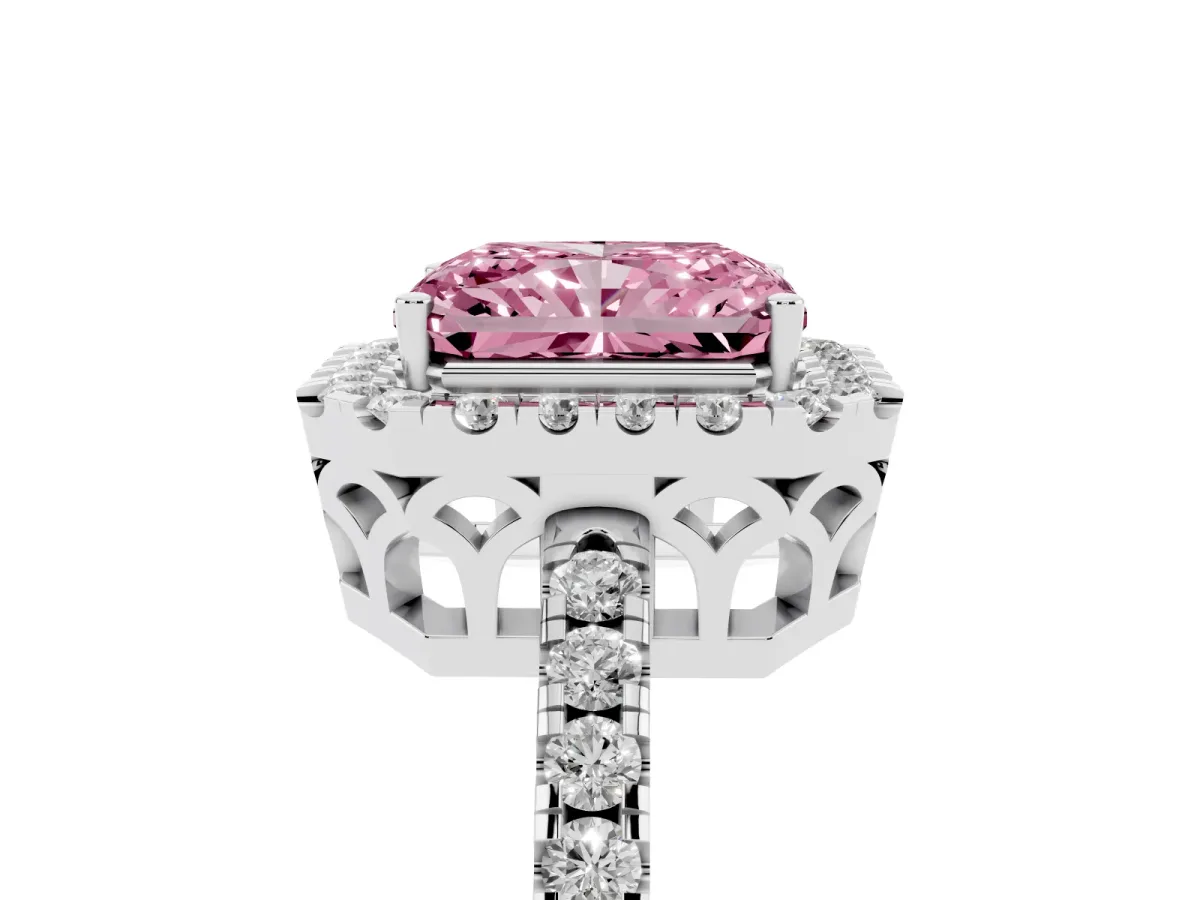 Fancy Pink Radiant Cut Halo Diamond Engagement Ring with Pavé Band and Four-Prong Setting Platinum