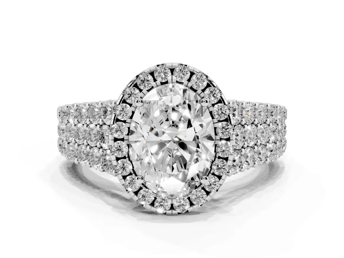 Oval Cut Diamond Halo Engagement Ring with Triple Row Round Pavé Band and Prong Setting Platinum