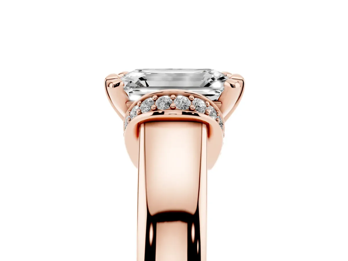 Emerald Cut Solitaire Diamond Ring with Pave Band and Six-Prong Setting Rose gold