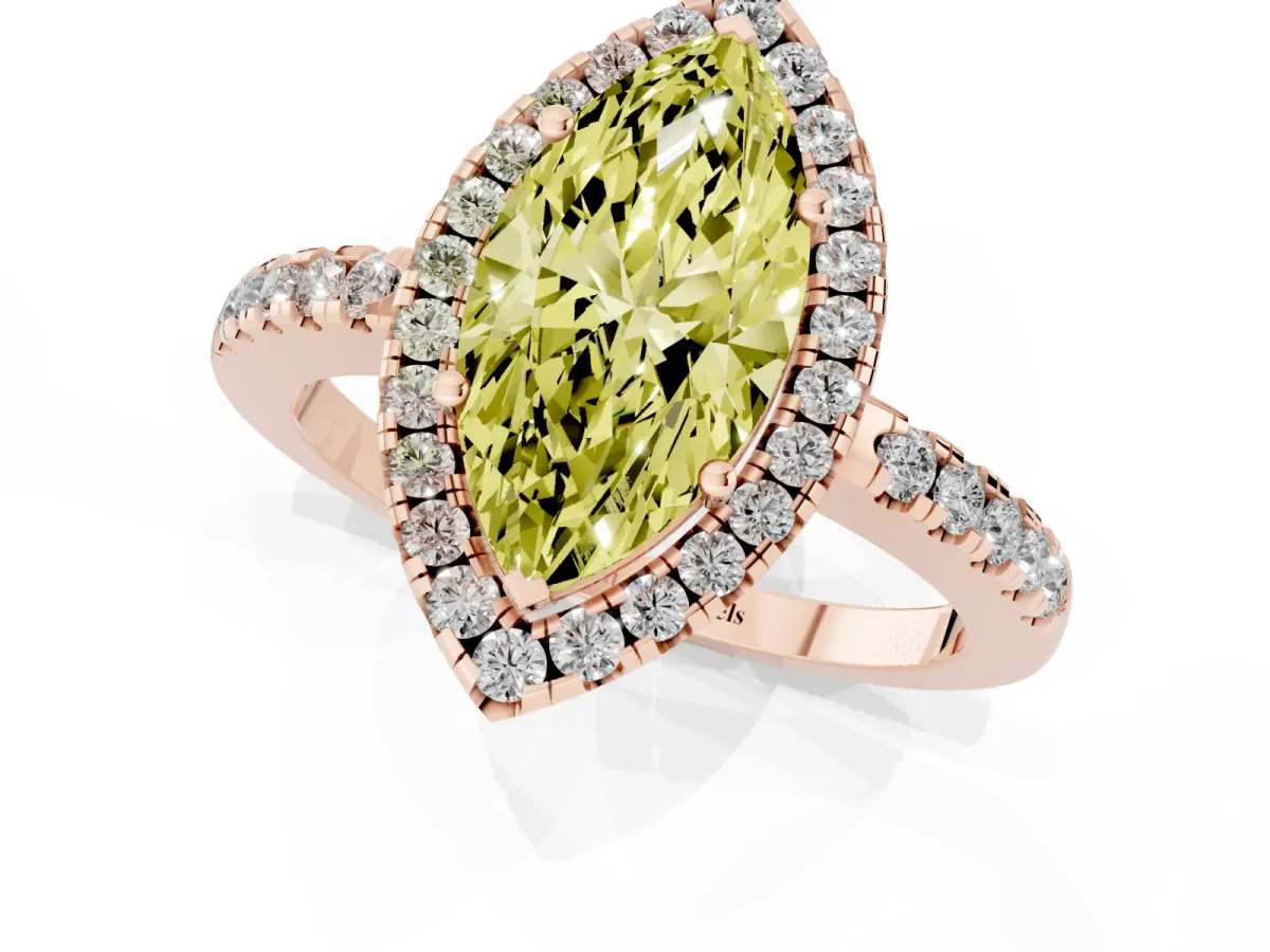 Fancy Yellow Marquise Cut Halo Diamond Engagement Ring with Pavé Band and Four-Prong Setting Rose gold