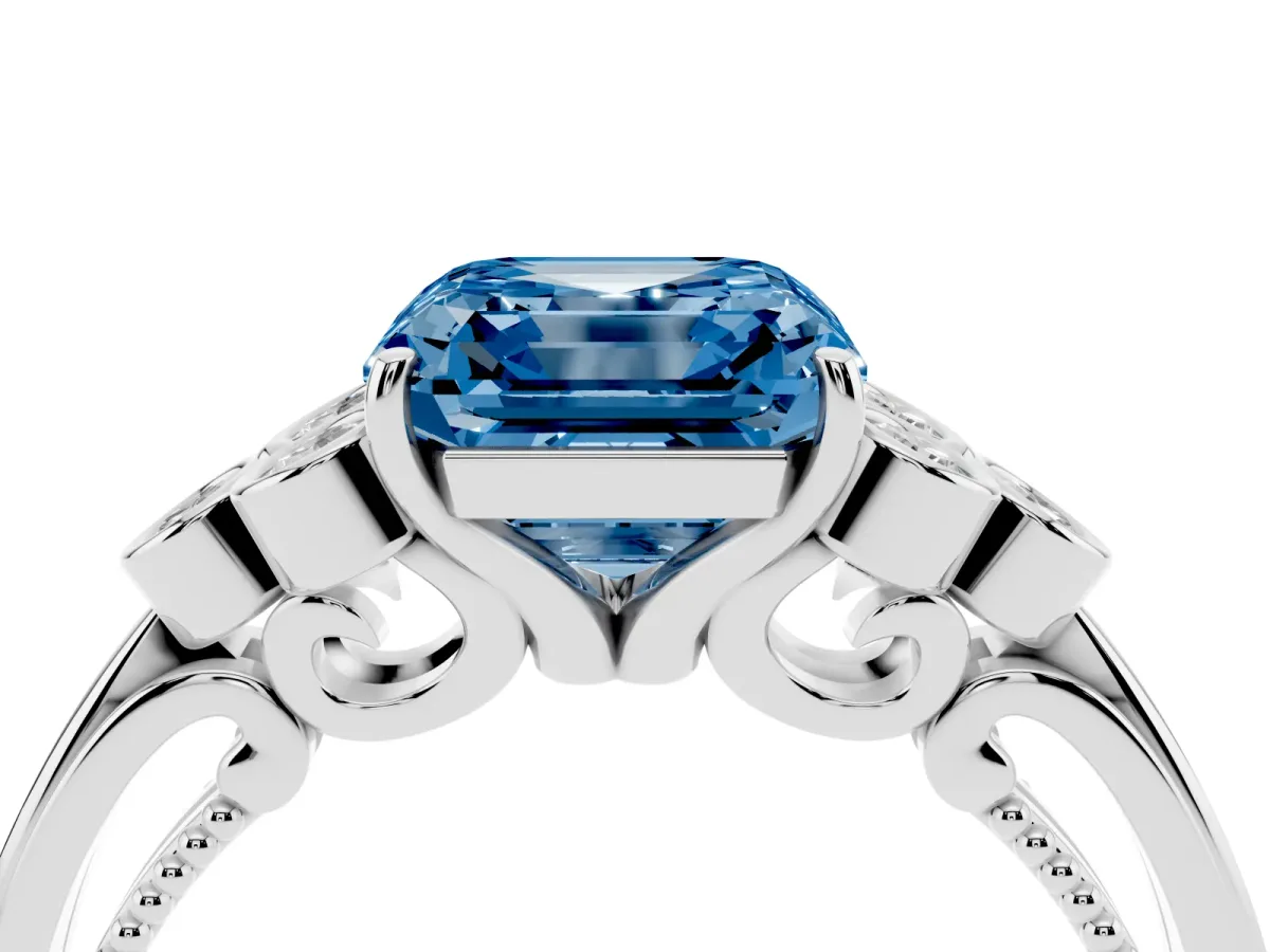 Fancy Blue Asscher Cut Cut Diamond Engagement Ring with Bezel Set Round Side Stones and Prong Setting Platinum