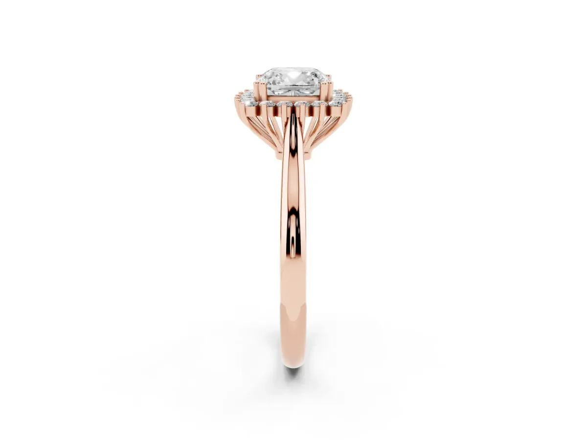 Cushion Cut Cut Diamond Halo Ring with Solitaire Band and Prong Setting Rose gold