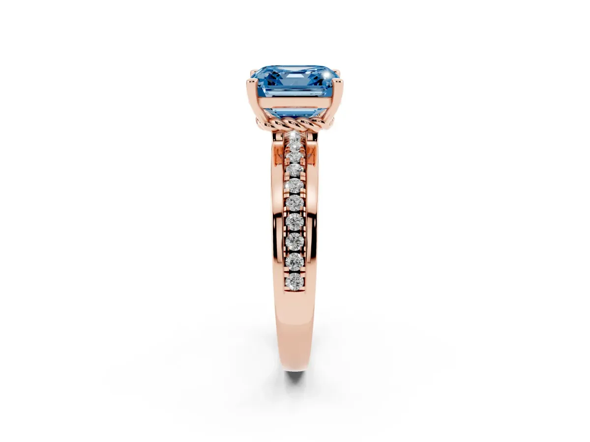 Fancy Blue Asscher Cut Solitaire Diamond Ring with Channel Set Band and Six-Prong Setting Rose gold