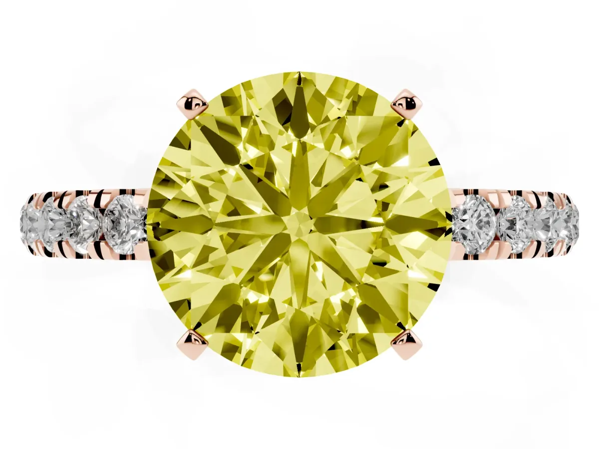 Fancy Yellow Round Cut Diamond Solitaire Ring with Pavé Accents and Four-Prong Setting Rose gold