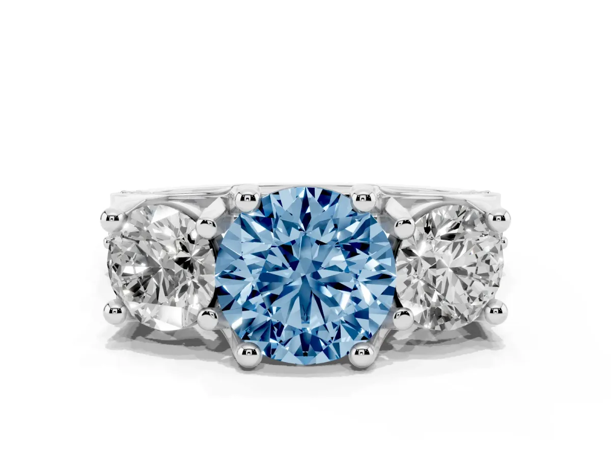 Fancy Blue Round Cut Diamond Three-Stone Ring with Channel Set Band and Four-Prong Setting Silver