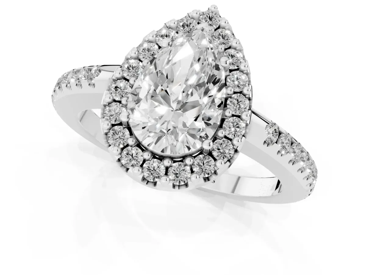 Pear Cut Diamond Pavé Halo Ring with Four-Prong Setting Platinum