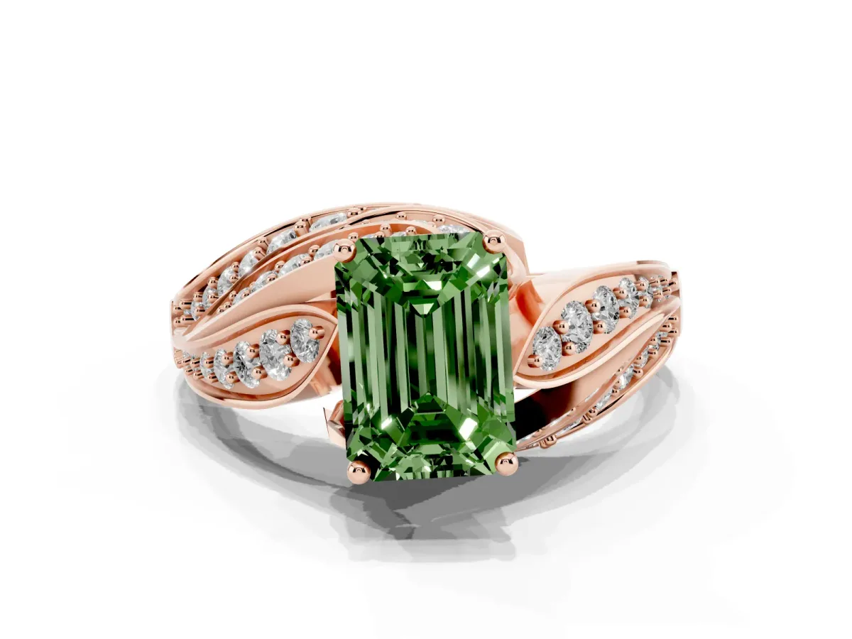 Fancy Green Emerald Cut Diamond Solitaire Ring with Prong Setting and Twisted Pavé Band Rose gold