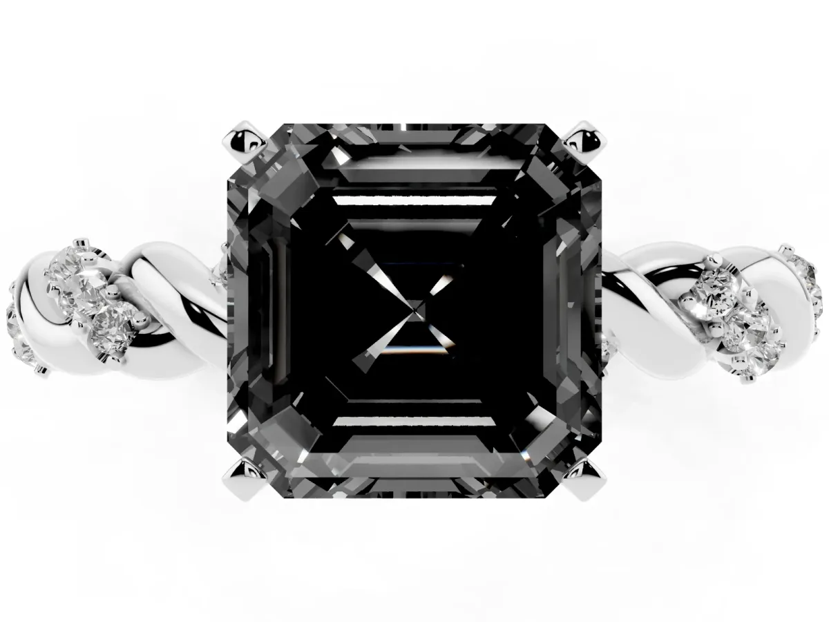 Fancy Black Asscher Cut Diamond Solitaire Ring with Twisted Band and Pavé Accents Silver