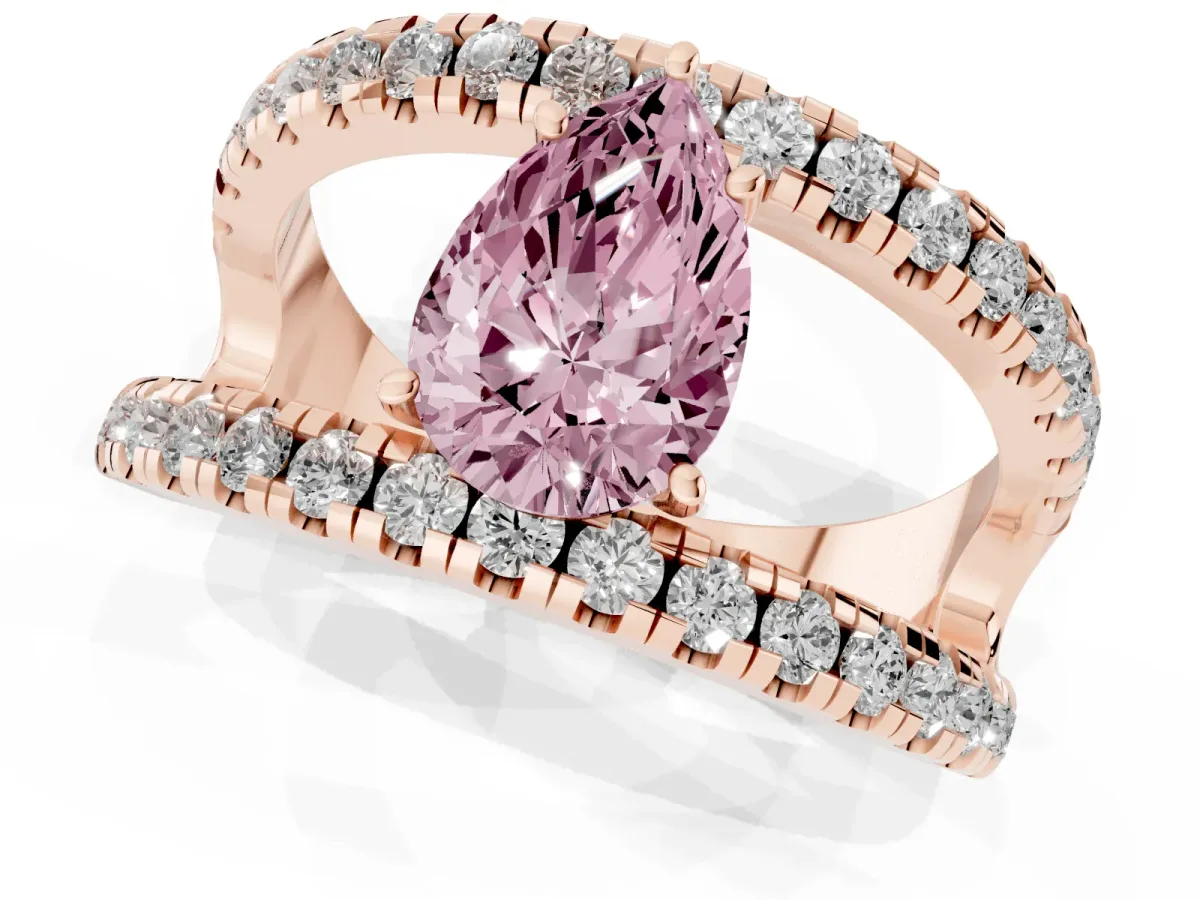 Fancy Pink Pear Cut Solitaire Split Shank Pave Diamond Ring Rose gold