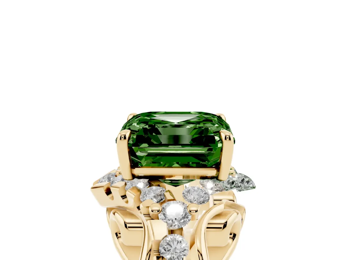 Fancy Green Asscher Cut Diamond Solitaire Ring with Hidden Halo and Pavé Band Yellow gold