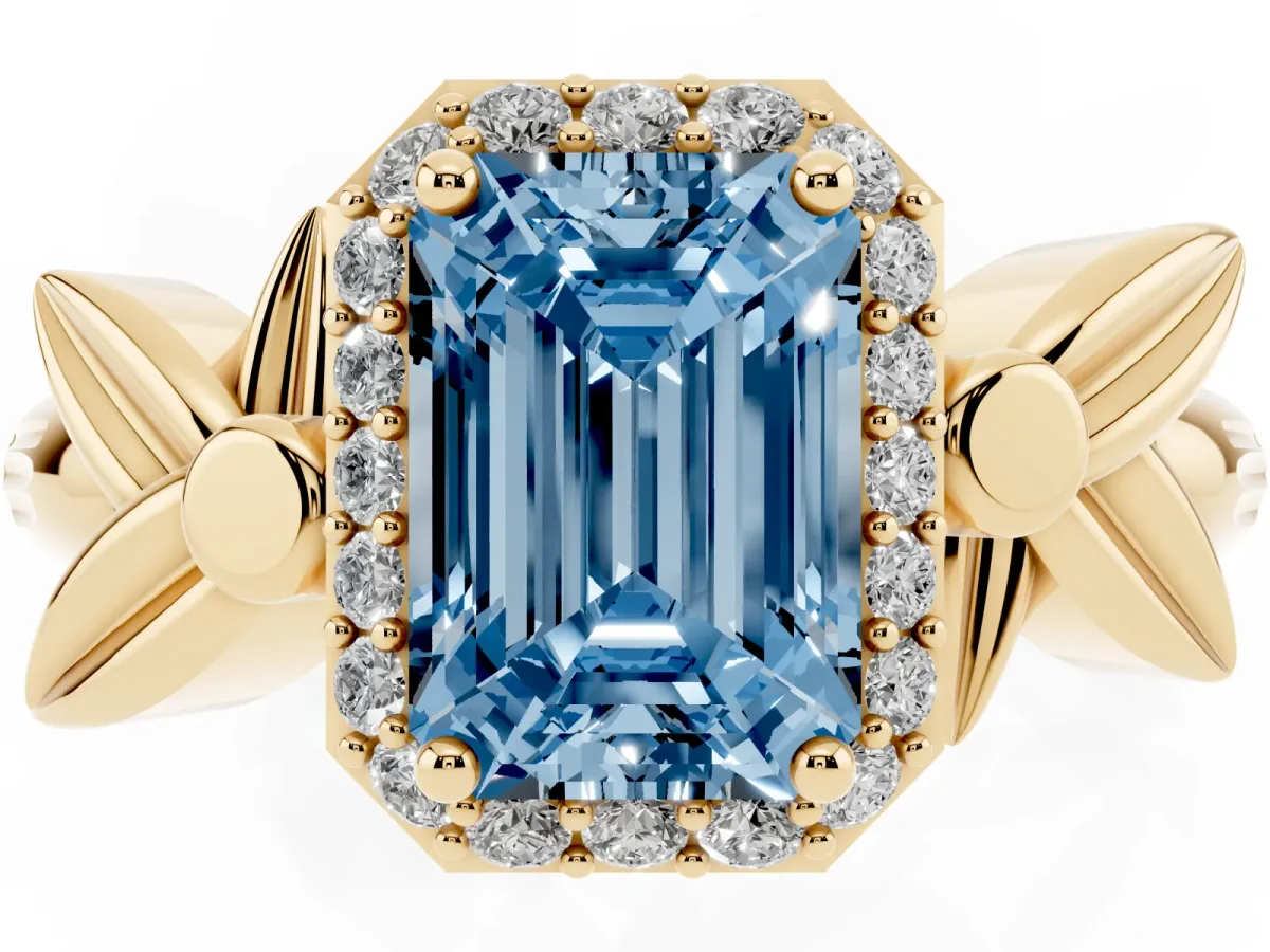 Fancy Blue Emerald Cut Halo Diamond Floral Band with Four-Prong Setting Yellow gold