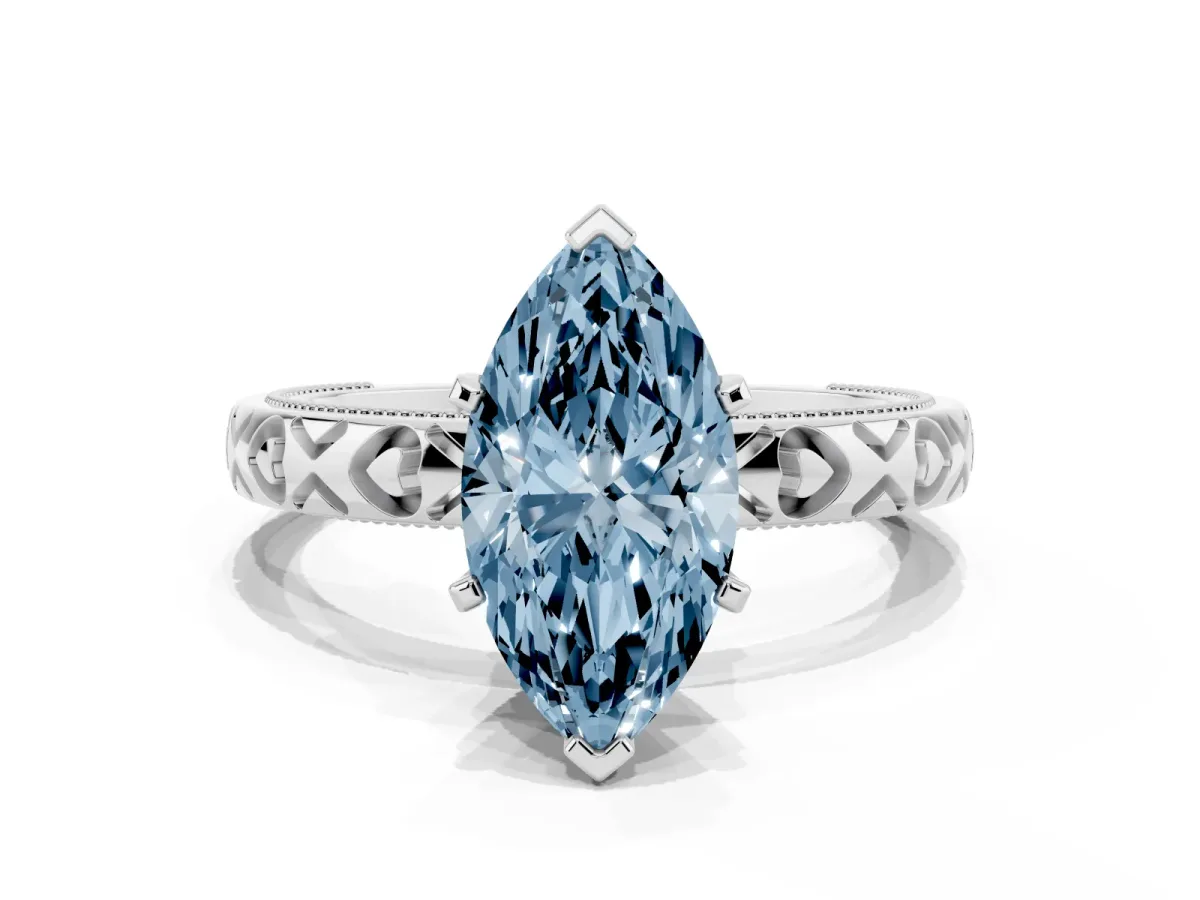 Fancy Blue Marquise Cut Solitaire Diamond Engagement Ring with XO Engraved Band and Four-Prong Setting Silver